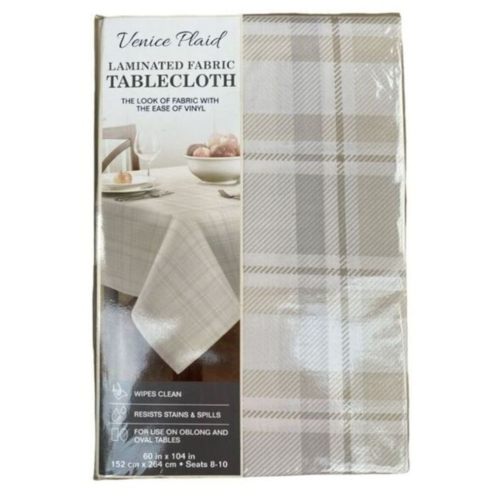 Venice Plaid Laminated Fabric Tablecloth Beige Wipes Clean Resists Stain 60x104"
